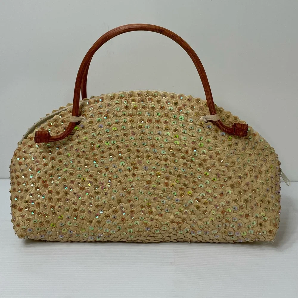 Vintage Handbag Woven Bamboo Wood Handle Sequins Handmade Bag Hand Crafted Purse